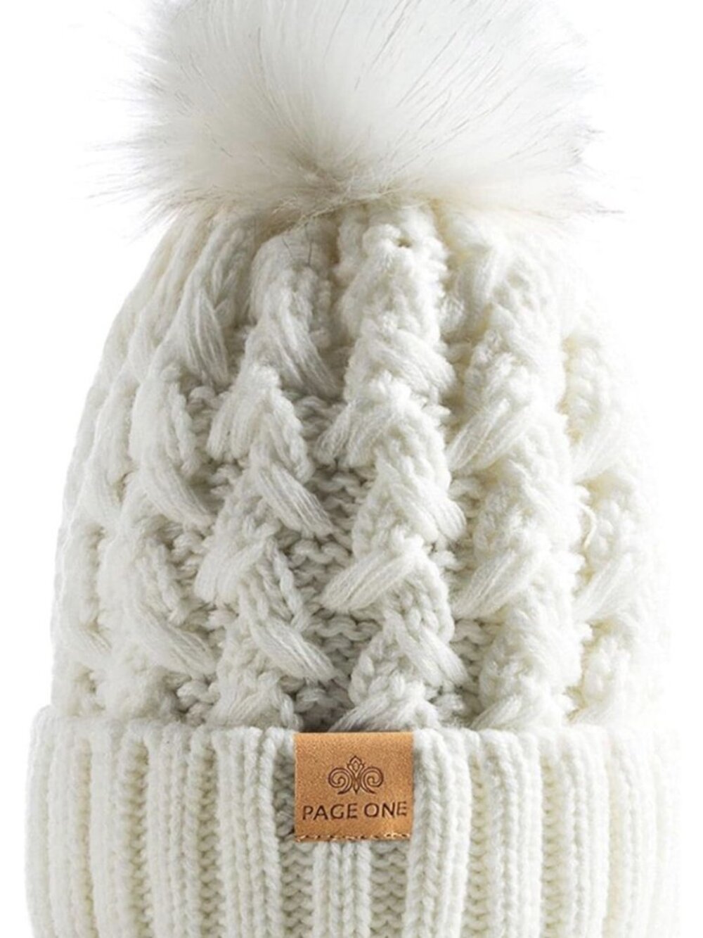 Page One Winter Ribbed Beanie Crossed Cap Chunky Cable Knit Pompom Soft Warm Hat